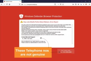 Alert warning about Windows Defender security warning scams that try to trick users with fake virus alerts