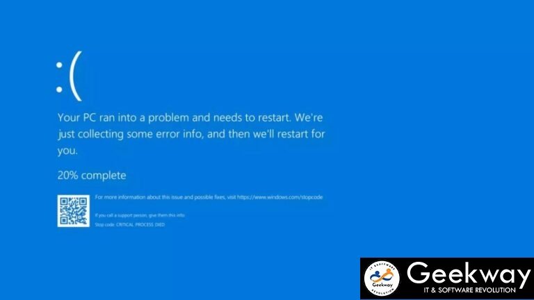 Microsoft Windows Blue Screen of Death (BSOD) error displayed during a critical system failure on a PC